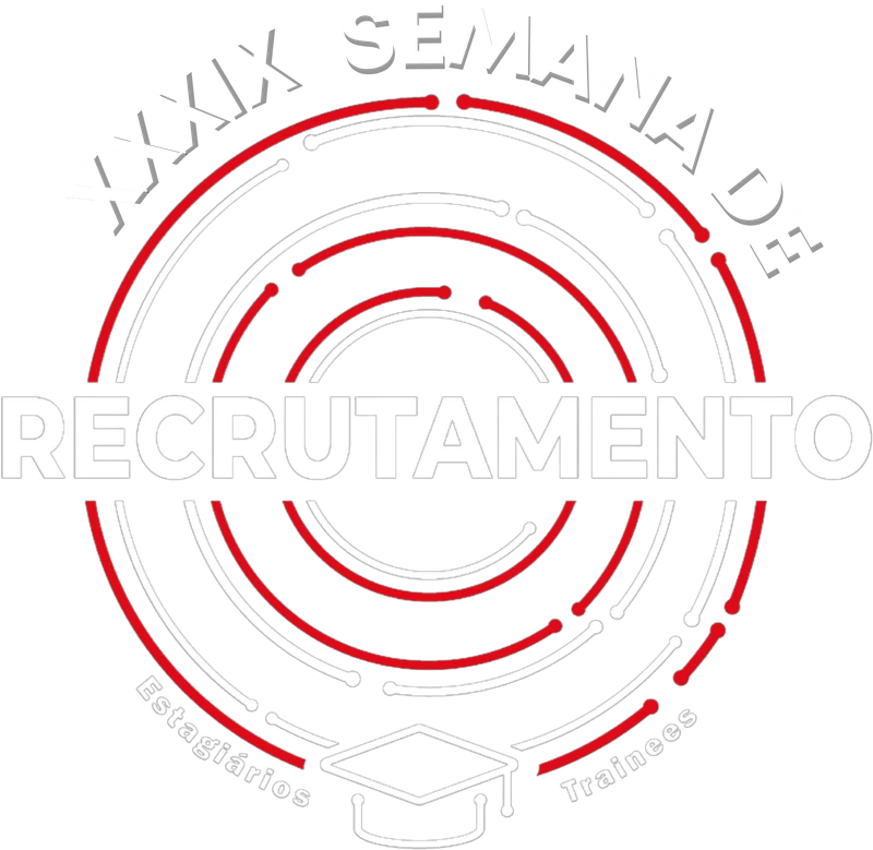 Logo da XXXIX Semana de Recrutamento: arcos concêntricos vermelhos e brancos em torno de um capelo, com as palavras Estagiários e Trainees