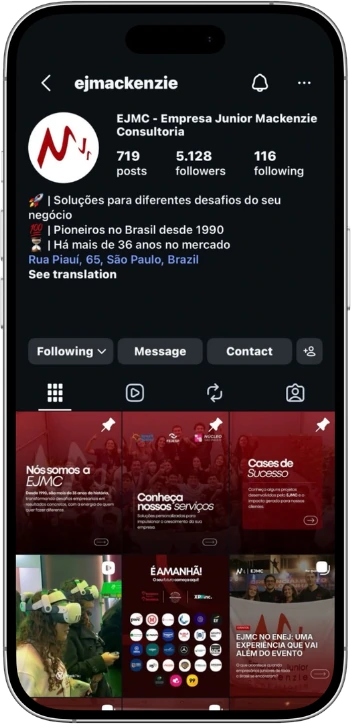 Perfil @ejmackenzie no Instagram, com a bio e as publicações da EJMC