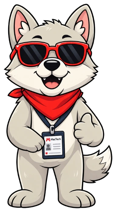 Mascote da EJMC: lobo de óculos escuros, bandana vermelha e crachá