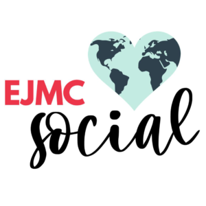 Escrito "EJMC Social" ao lado um ícone do planeta terra em forma de coração em tons de azul