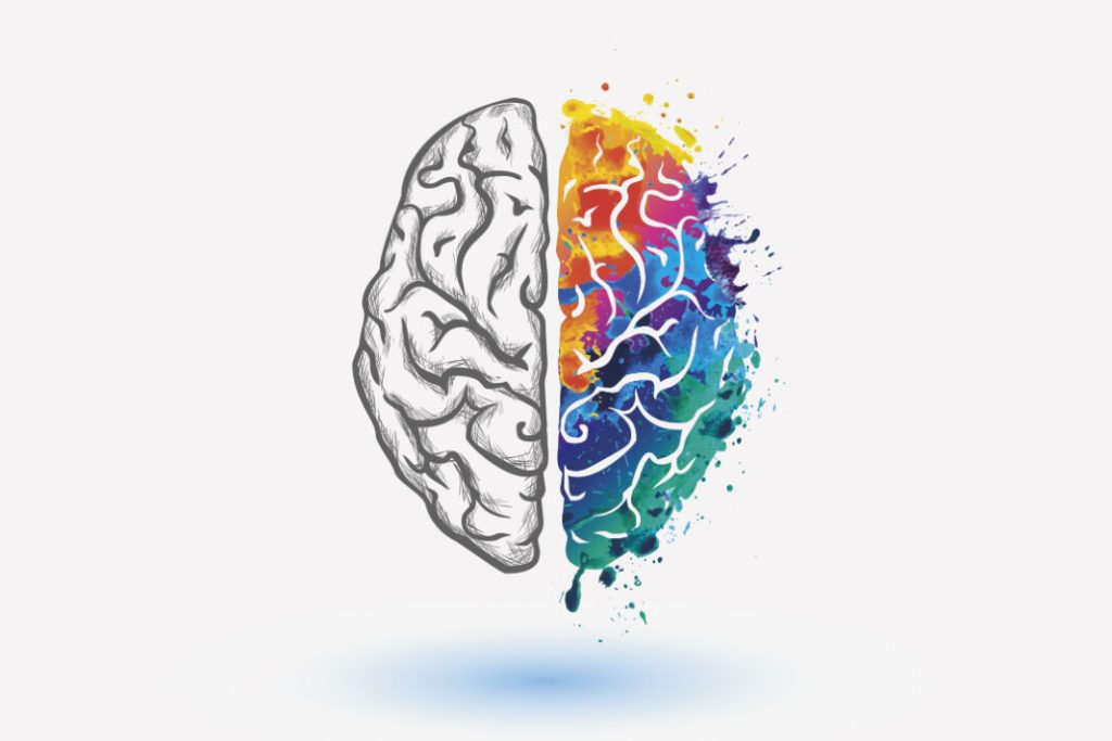 A imagem mostra um cerebro com uma metade colorida e a outra preta